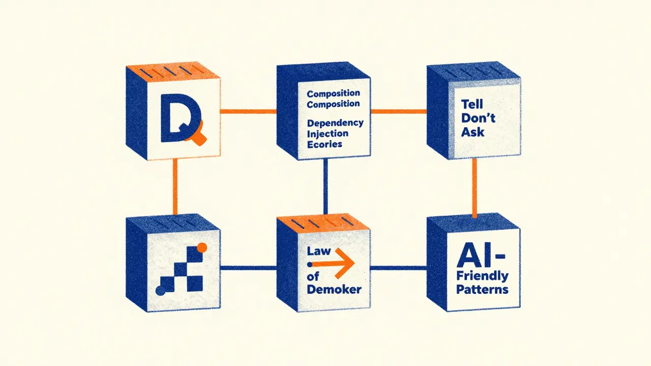 Five geometric blocks representing architectural principles in Risograph style