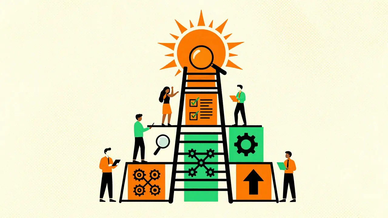 Five-step AI strategy roadmap ladder with collaboration icons in Risograph art