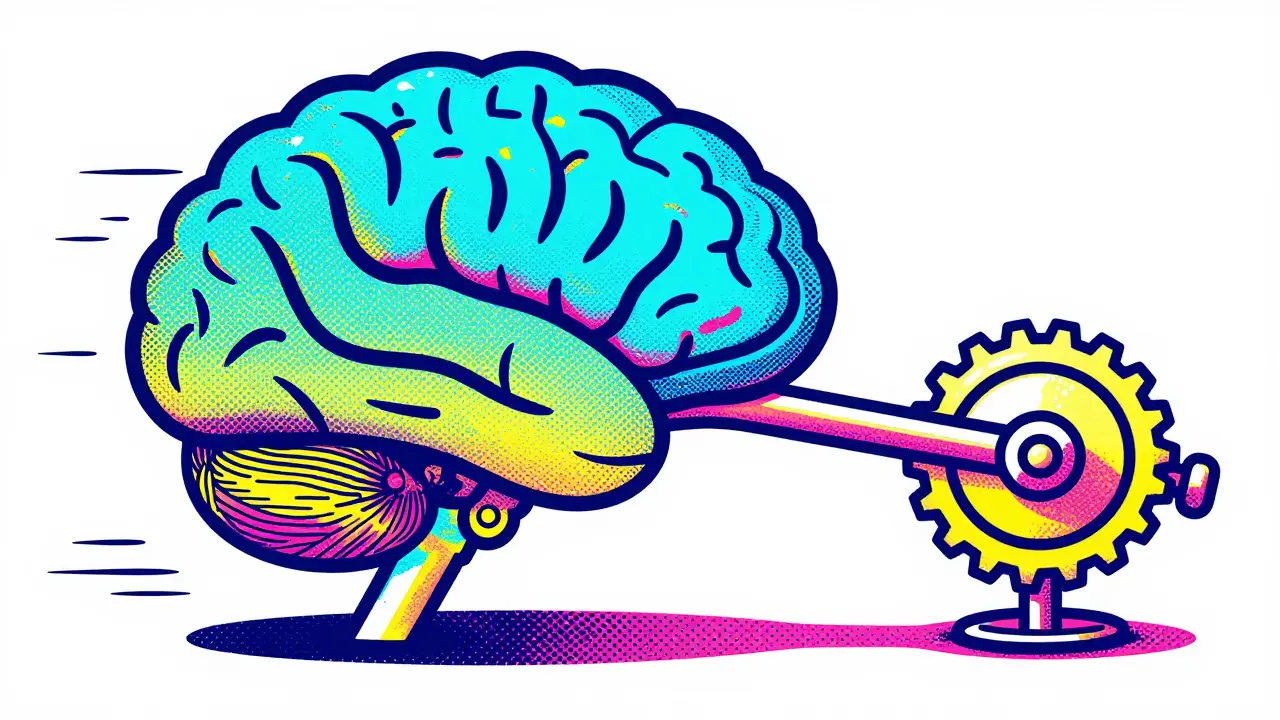 Graphic art showing a brain being compressed by gears, representing model optimization.