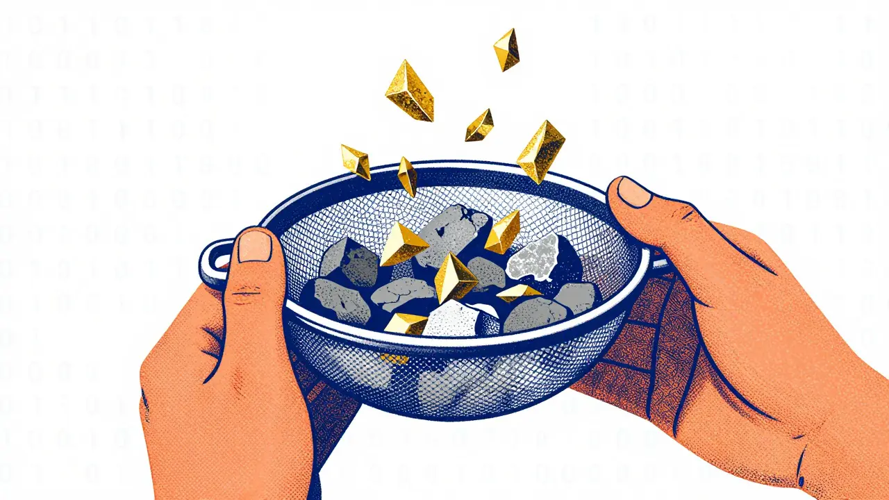 Hands filtering high-quality data tokens from noisy debris