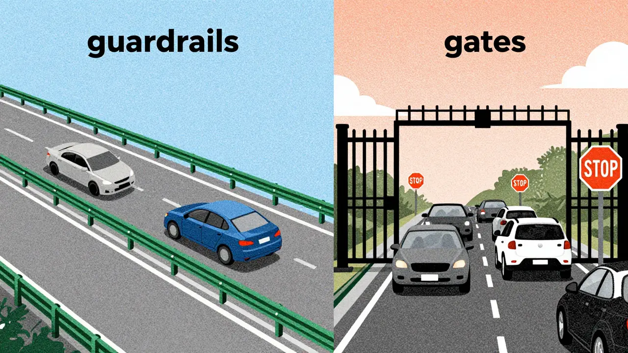 Highway with guardrails vs gated road, Risograph art