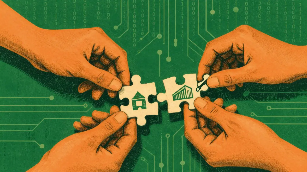 Human and AI hands collaborating on software architecture puzzle pieces