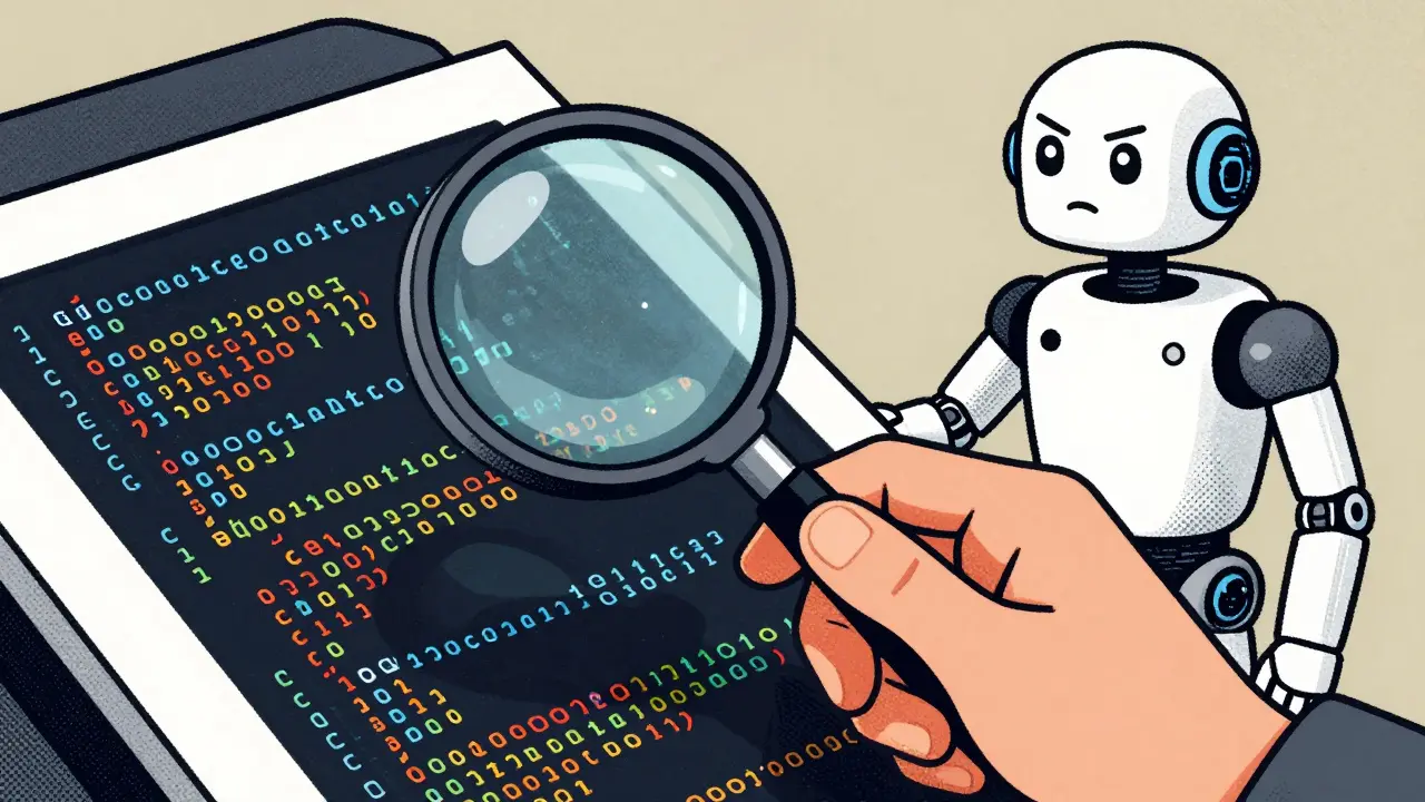 Human inspecting code with magnifying glass, Risograph style