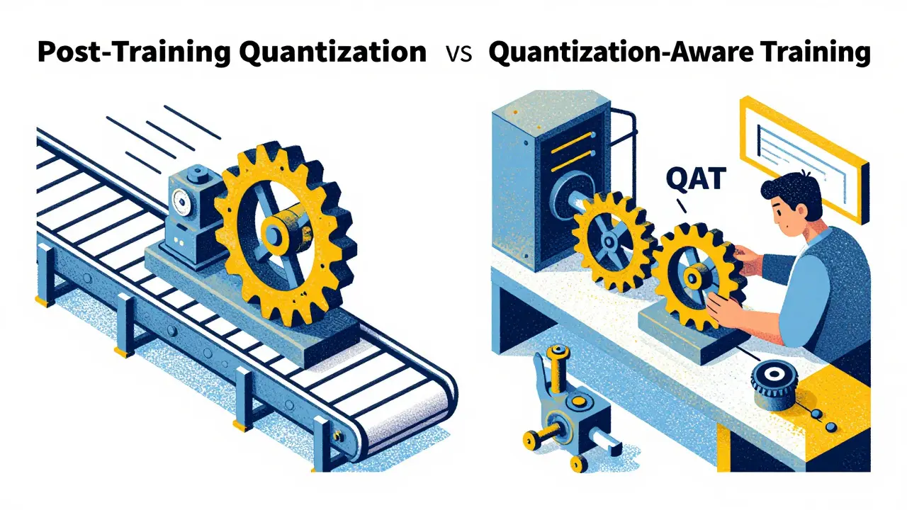 Illustration comparing fast PTQ and careful QAT model training methods.