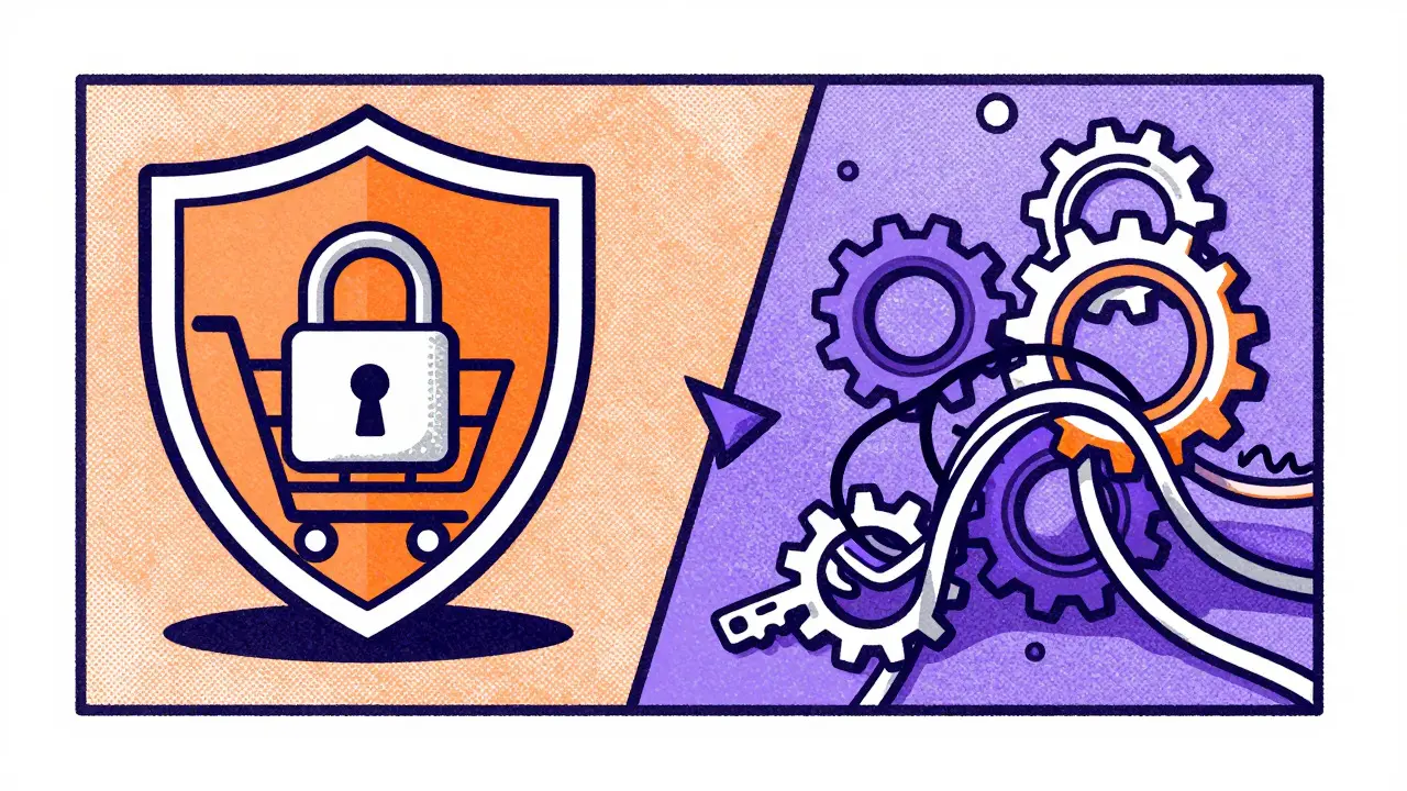Illustration depicting secure checkout flows vs. security risks in vibe coding, using shields and gears.
