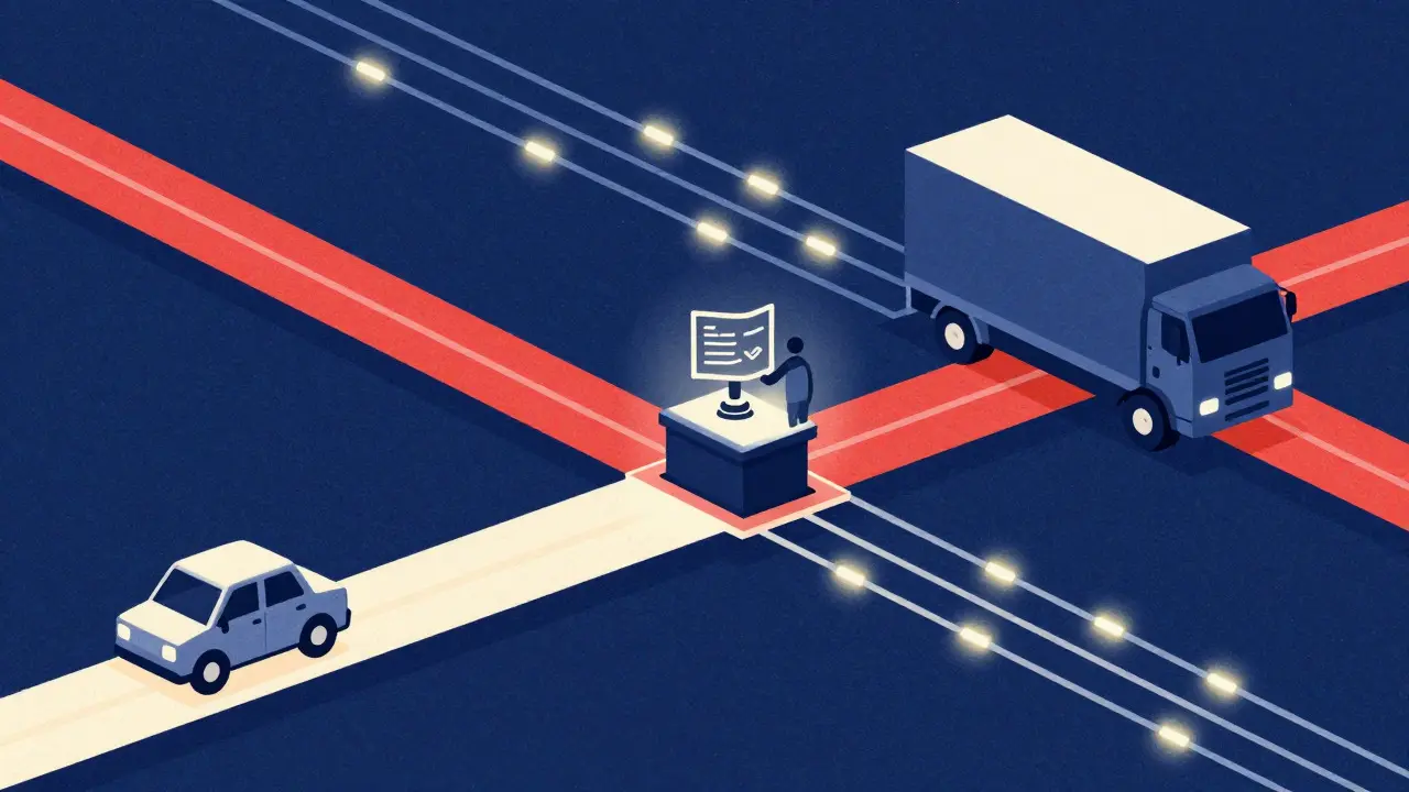 Illustration of data streams being routed to different vehicles for efficient processing.