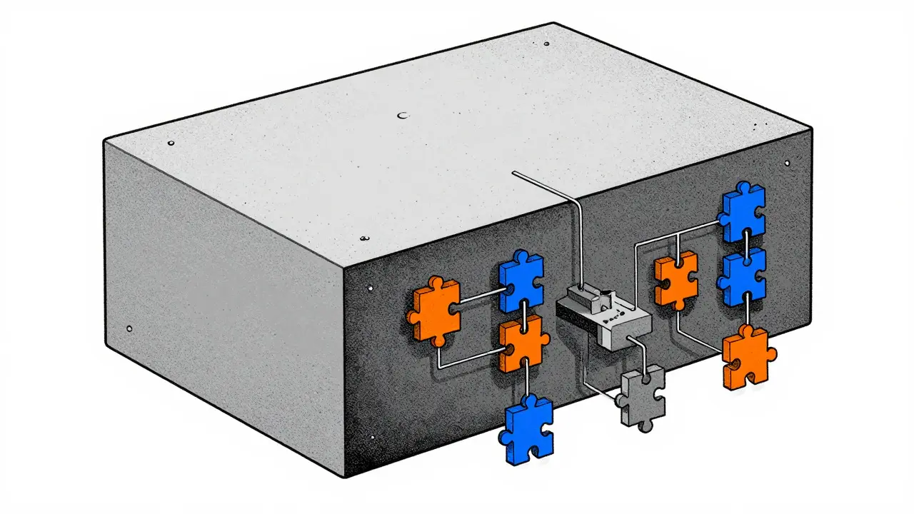 Illustration of small adapters modifying a large frozen AI model block.