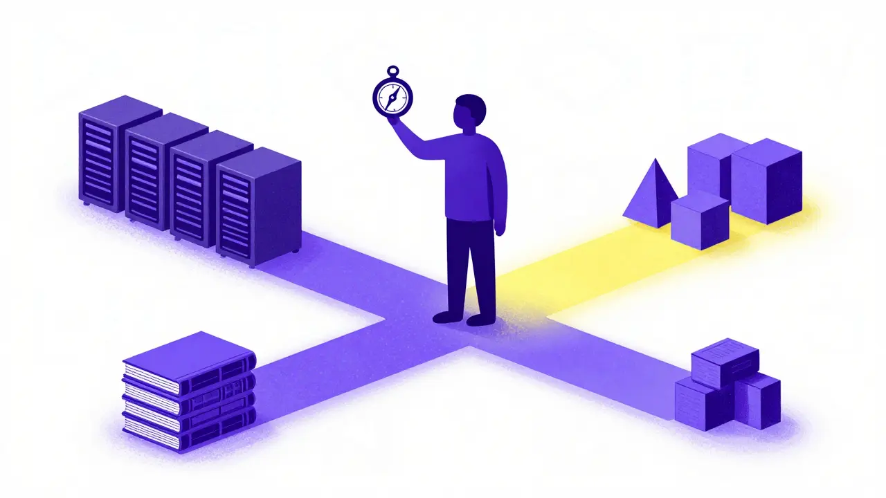 Minimalist scientist choosing an optimal path among compute, data, and parameters in risograph art.
