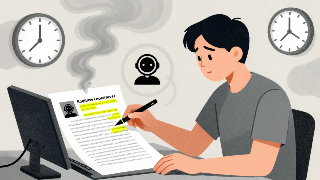Risograph art of reviewer using AI tools to highlight text and reduce fatigue