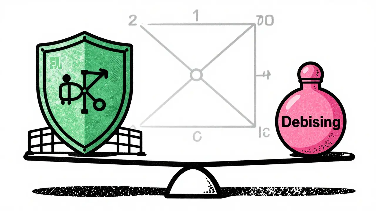 Risograph drawing of a scale balancing AI safety guardrails against debiasing.