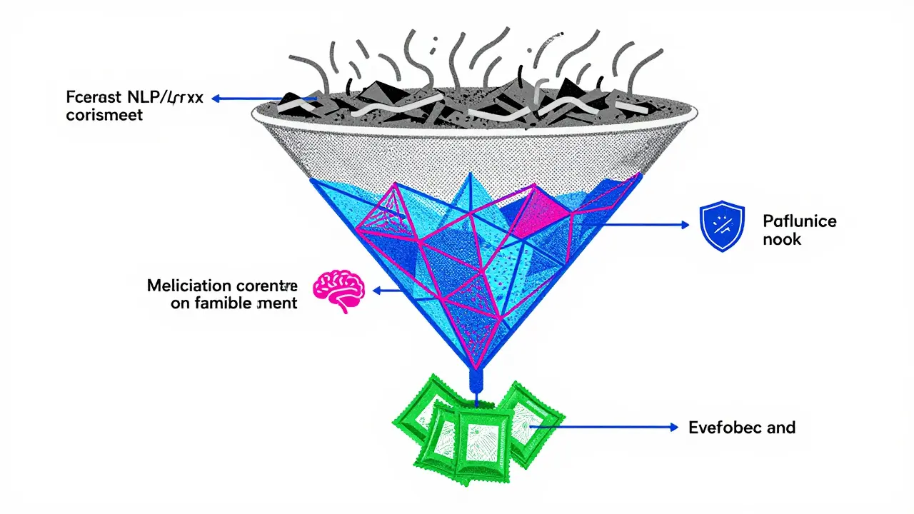 Risograph style funnel diagram showing multi-stage AI content moderation filtering process.