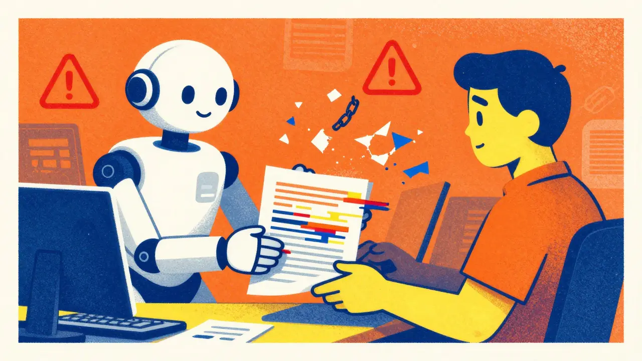 Robot handing flawed code to developer, symbolizing AI bugs in Risograph art