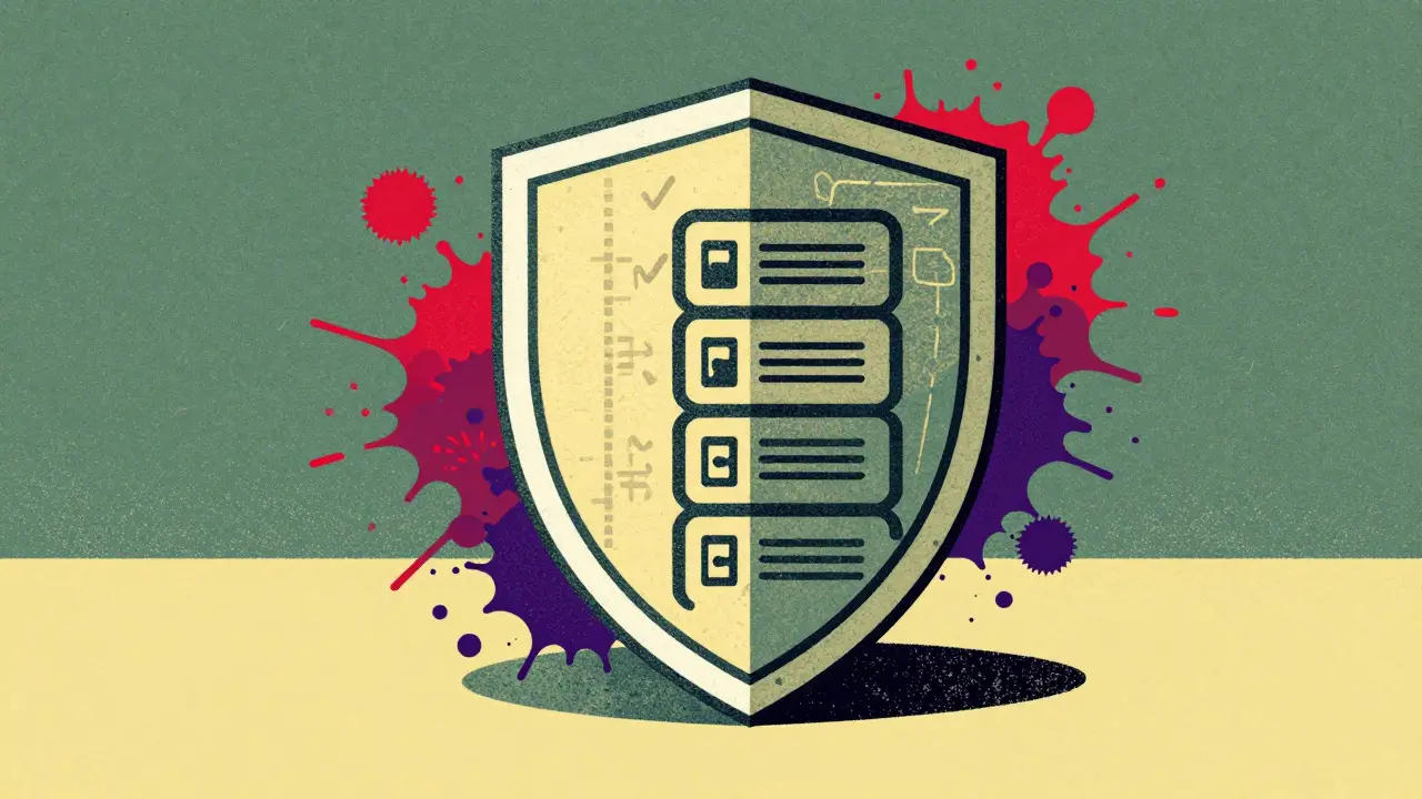 Shield protecting a server from chaotic code storms in Risograph style