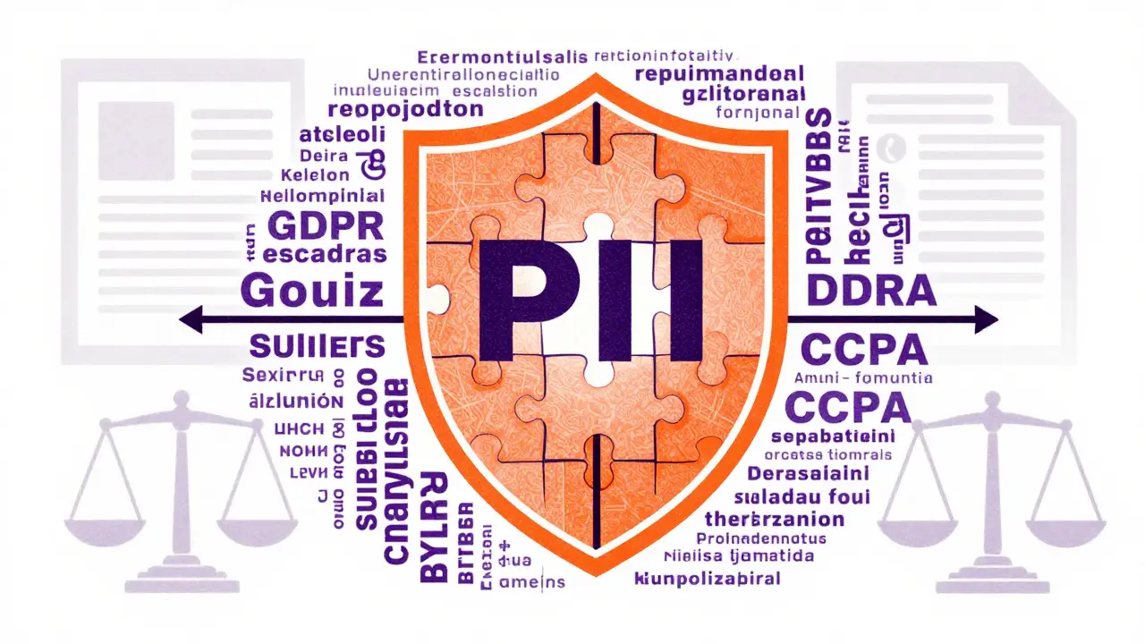 Shield protecting multilingual data with compliance symbols in background.