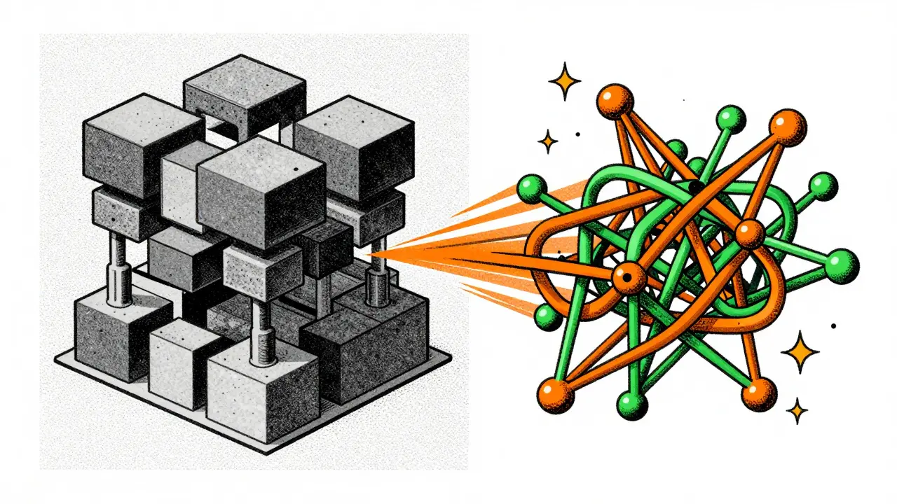 Split view comparing a rigid standard AI model vs a sleek optimized architecture in risograph style.