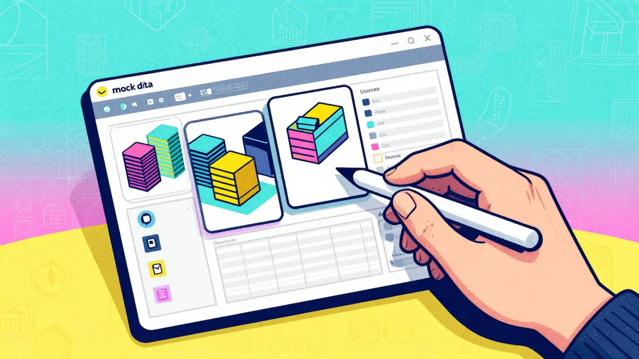 Stylized risograph art showing product cards snapping into a grid layout, symbolizing rapid e-commerce development.