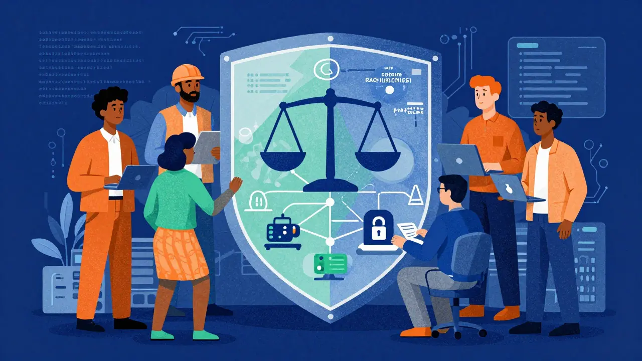 Team monitoring AI agents behind a compliance shield in Risograph art