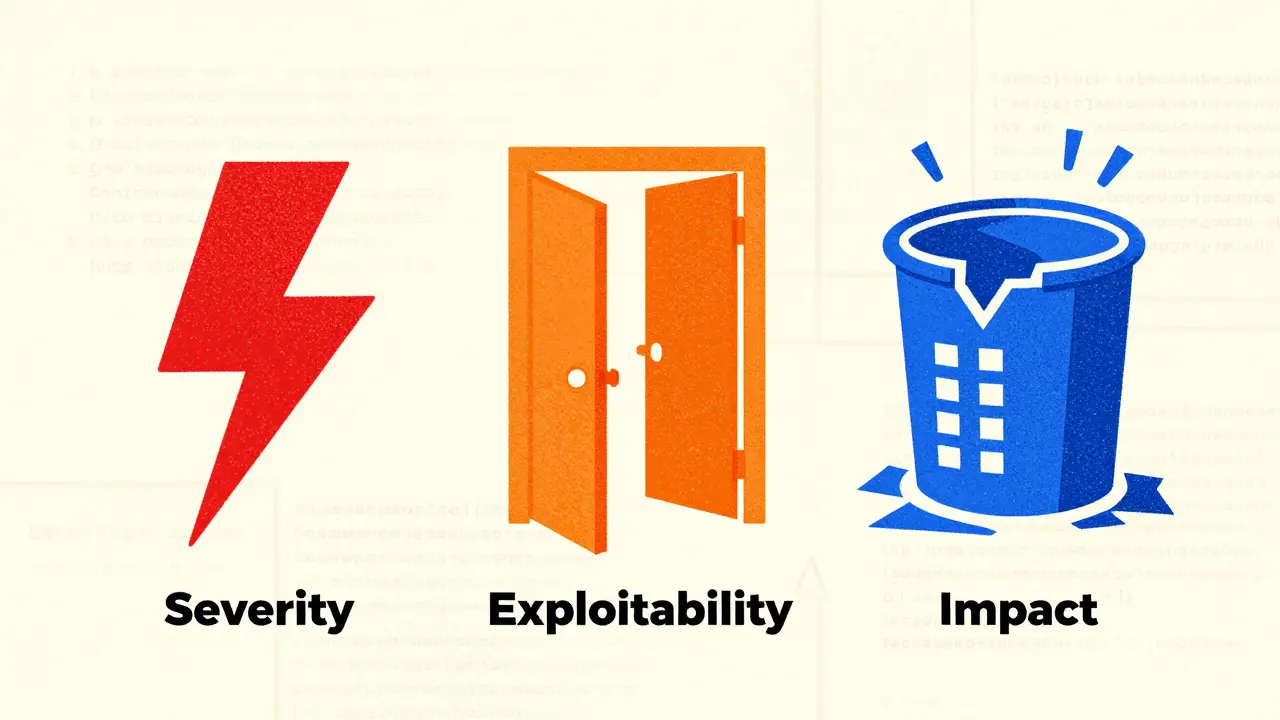 Three pillars of triage: severity, exploitability, and impact icons