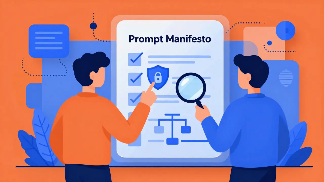 Two peers reviewing a prompt manifesto with security and logic icons.