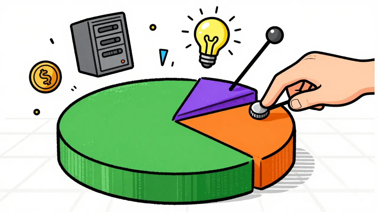 A large pie chart illustrating resource allocation with surrounding technology icons