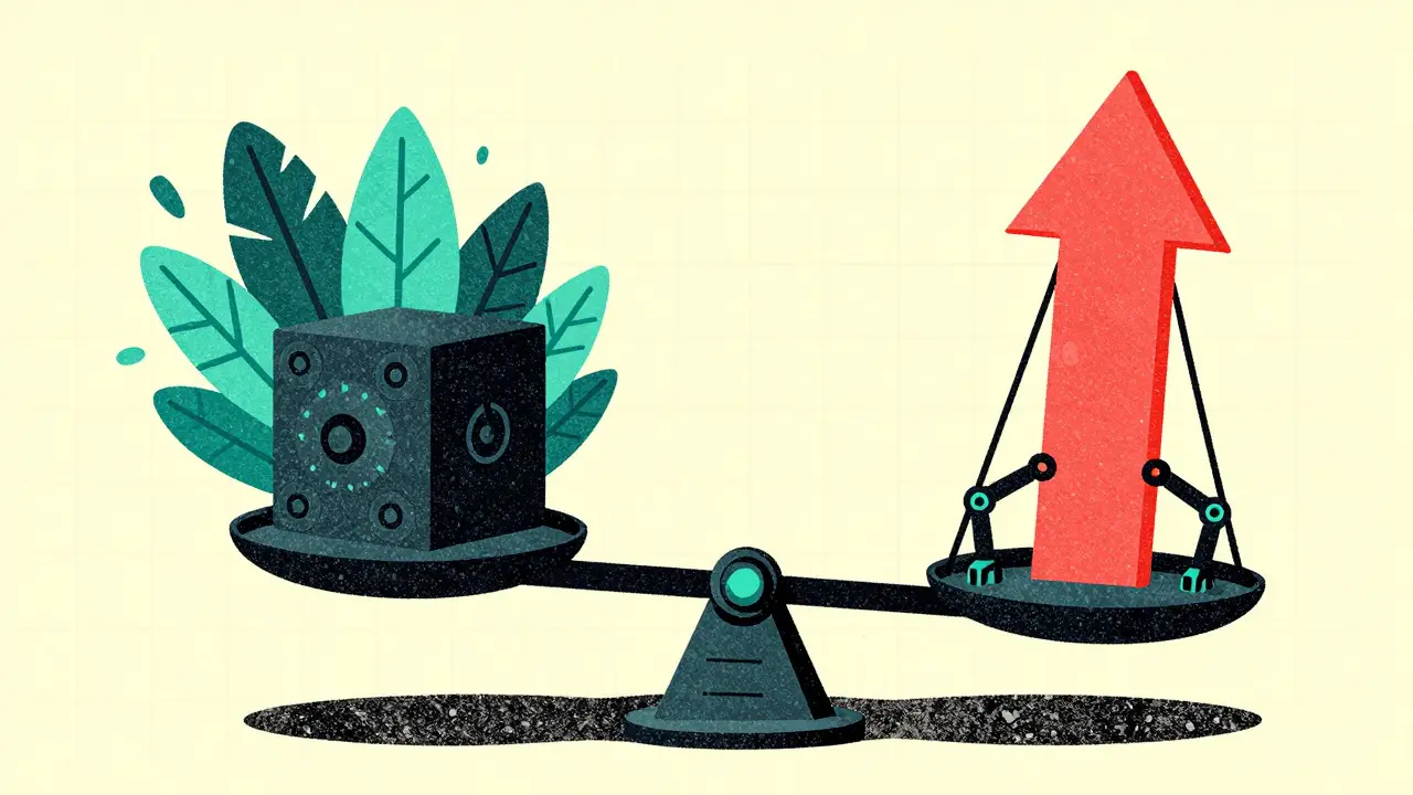 A mechanical balance scale weighing computational cost against accuracy gains