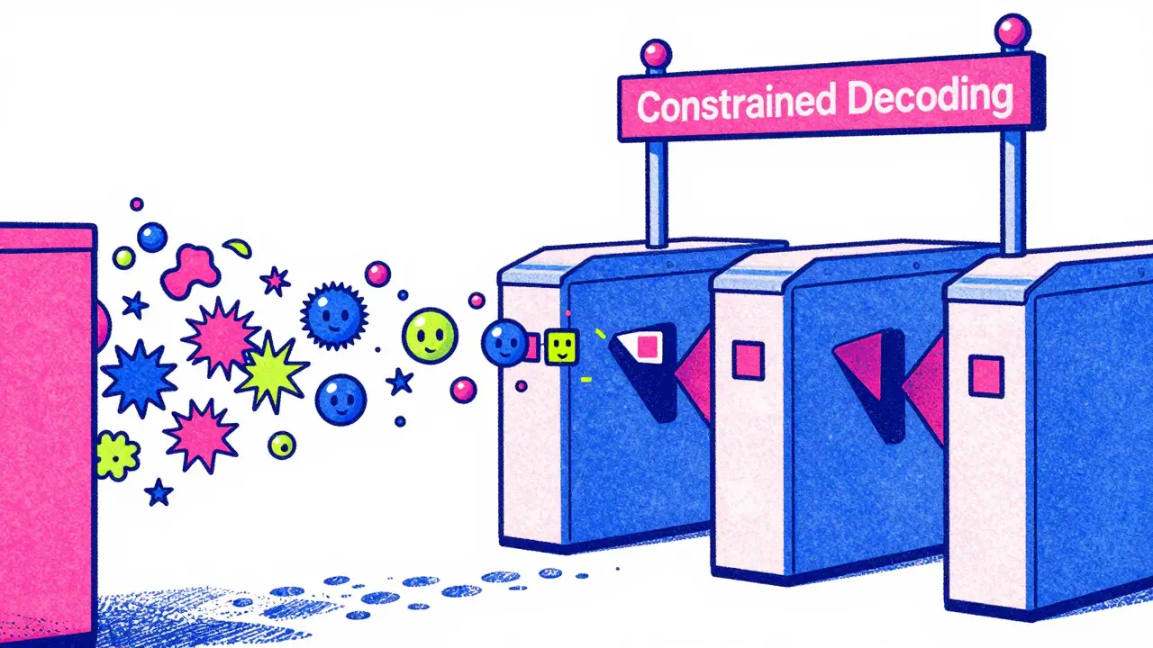 Abstract mechanical gate filtering random shapes into uniform squares, representing constrained decoding.