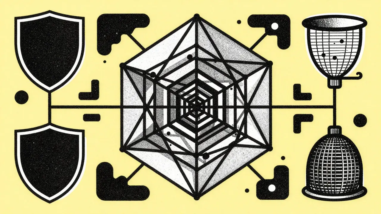 Abstract neural network reflecting on itself for self-distillation in Risograph style.