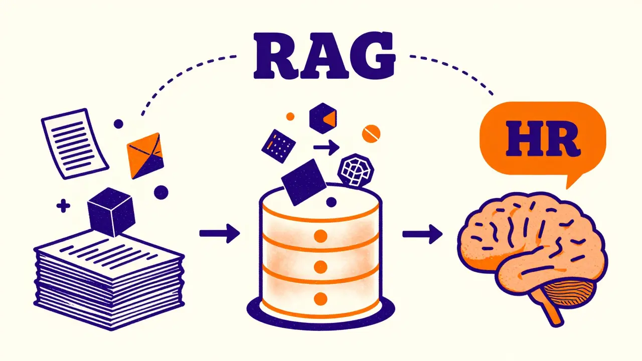 Abstract Risograph illustration showing the RAG process: documents turning into vectors and answers.
