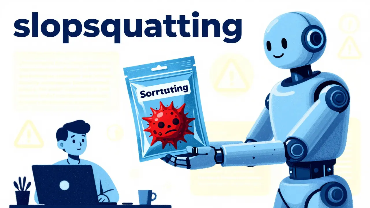 AI robot offering a package with hidden malware to a developer