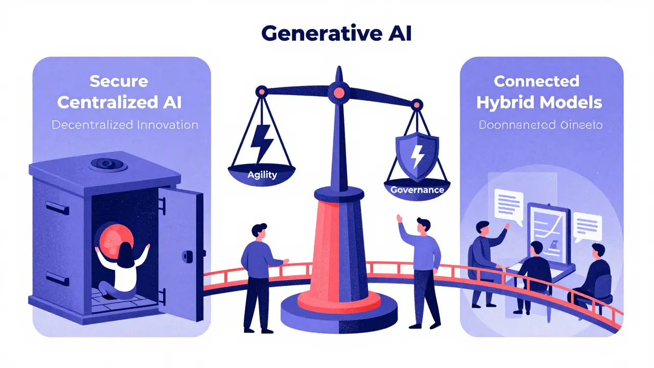 Balanced AI governance framework in Risograph illustration