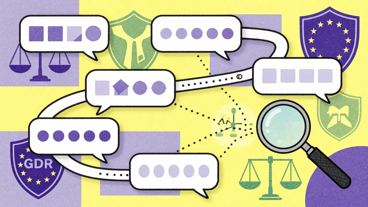 Cartoon depicting a multi-turn chat with masked data linked by semantic context