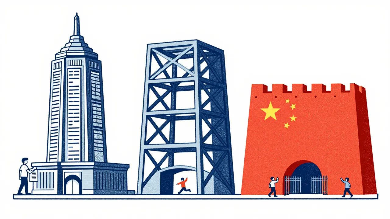 Cartoon showing three distinct buildings representing EU, US, and China AI laws