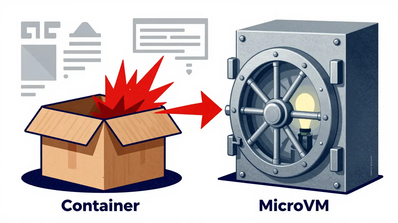 Comparison of flimsy container vs sturdy MicroVM vault against cyber threats.