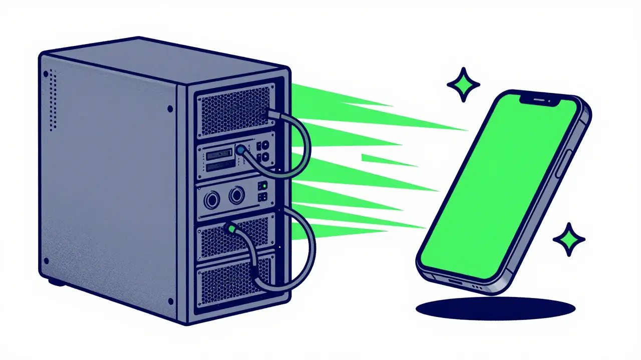 Comparison of slow server vs fast mobile AI device using Risograph print aesthetic.
