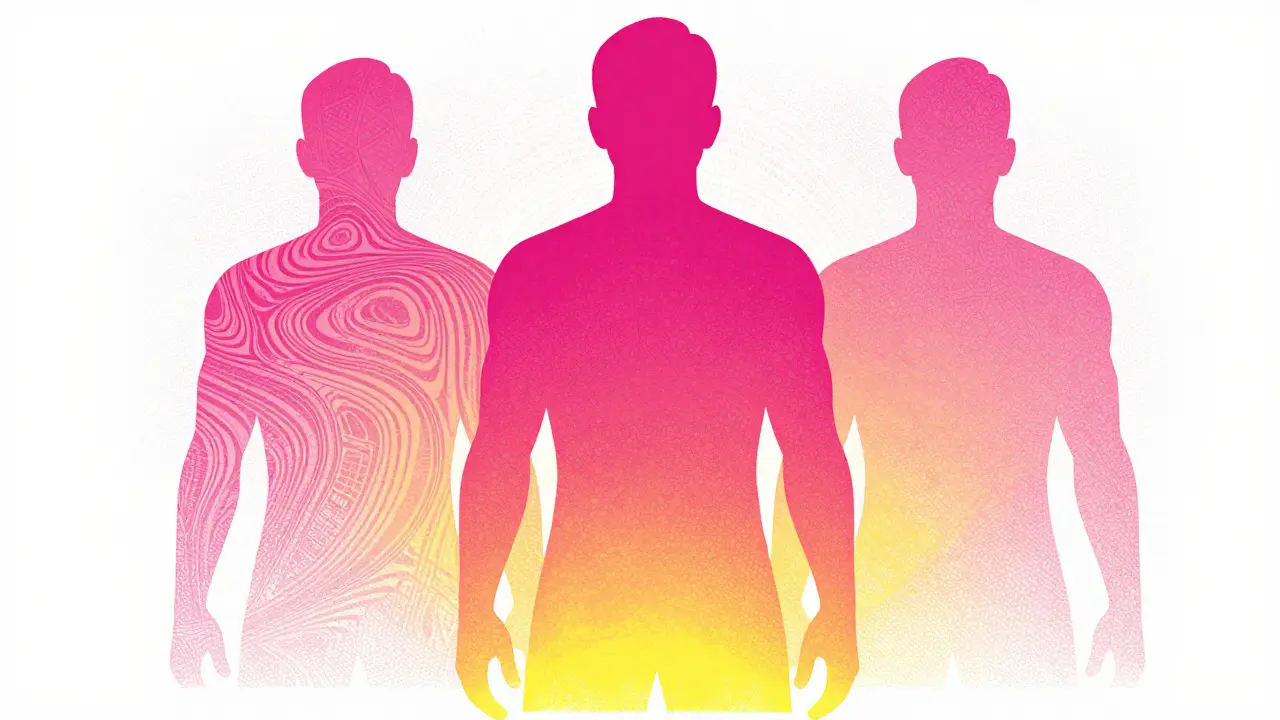 Conceptual art showing three translucent figures merging into one smooth shape