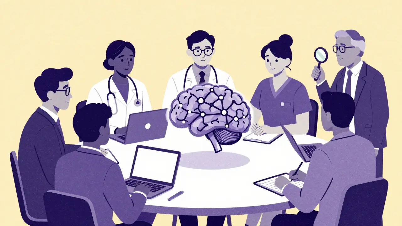 Diverse team reviewing an AI neural network model at a meeting table