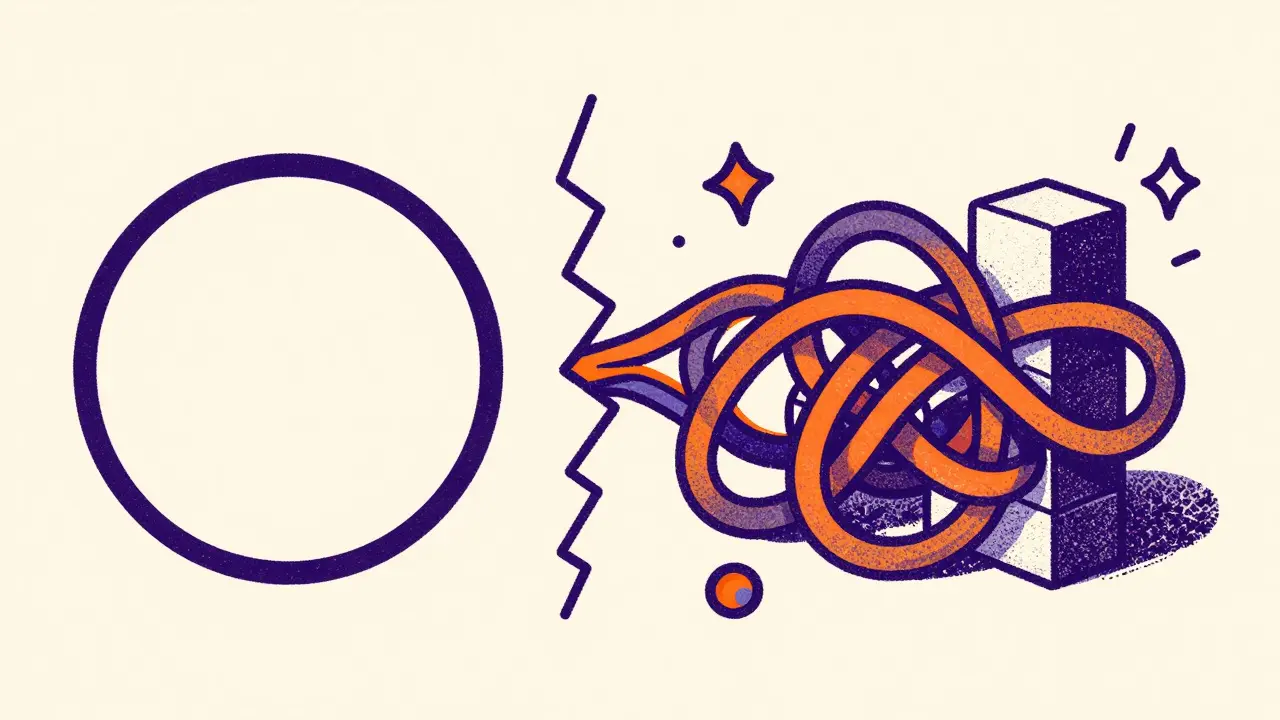 Illustration comparing a simple answer to a complex, unraveling reasoning process
