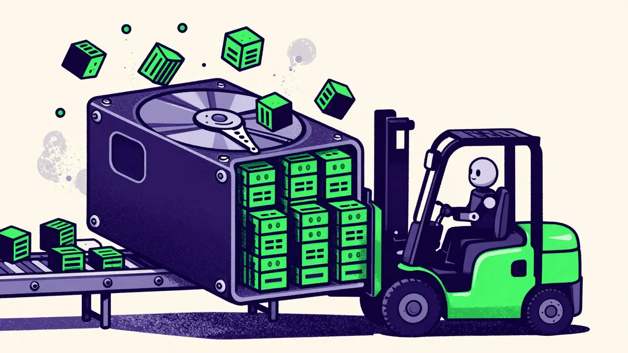 Illustration of a robot forklift lifting a disk drive with data cubes falling away