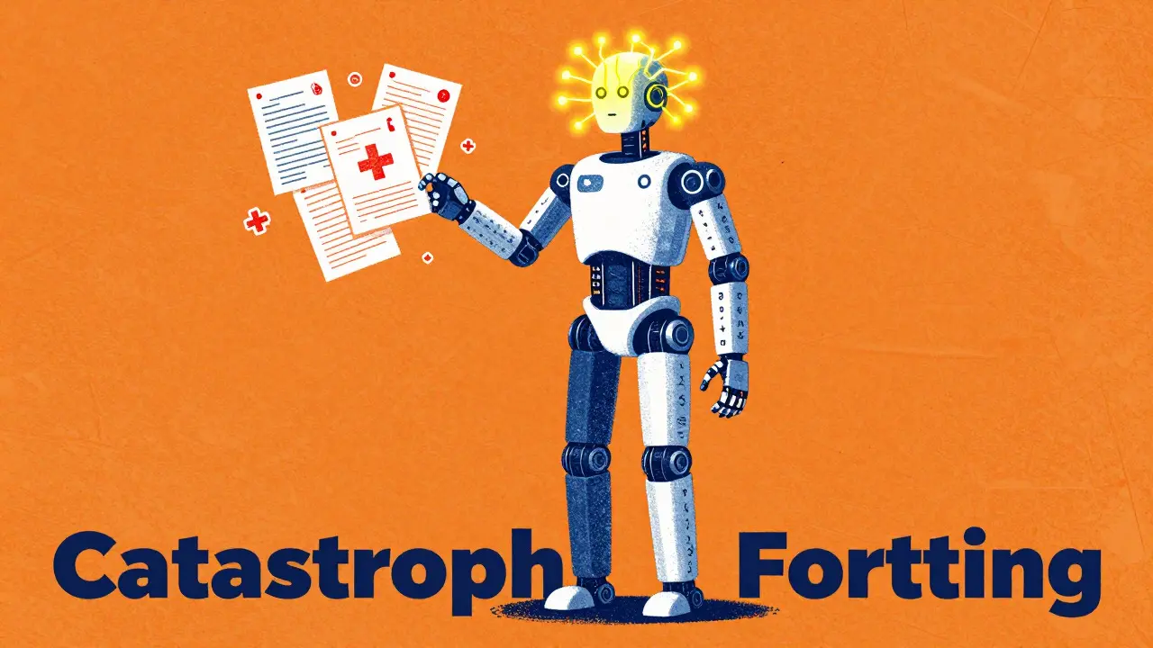 Illustration of an AI robot losing general skills while gaining specific medical knowledge.
