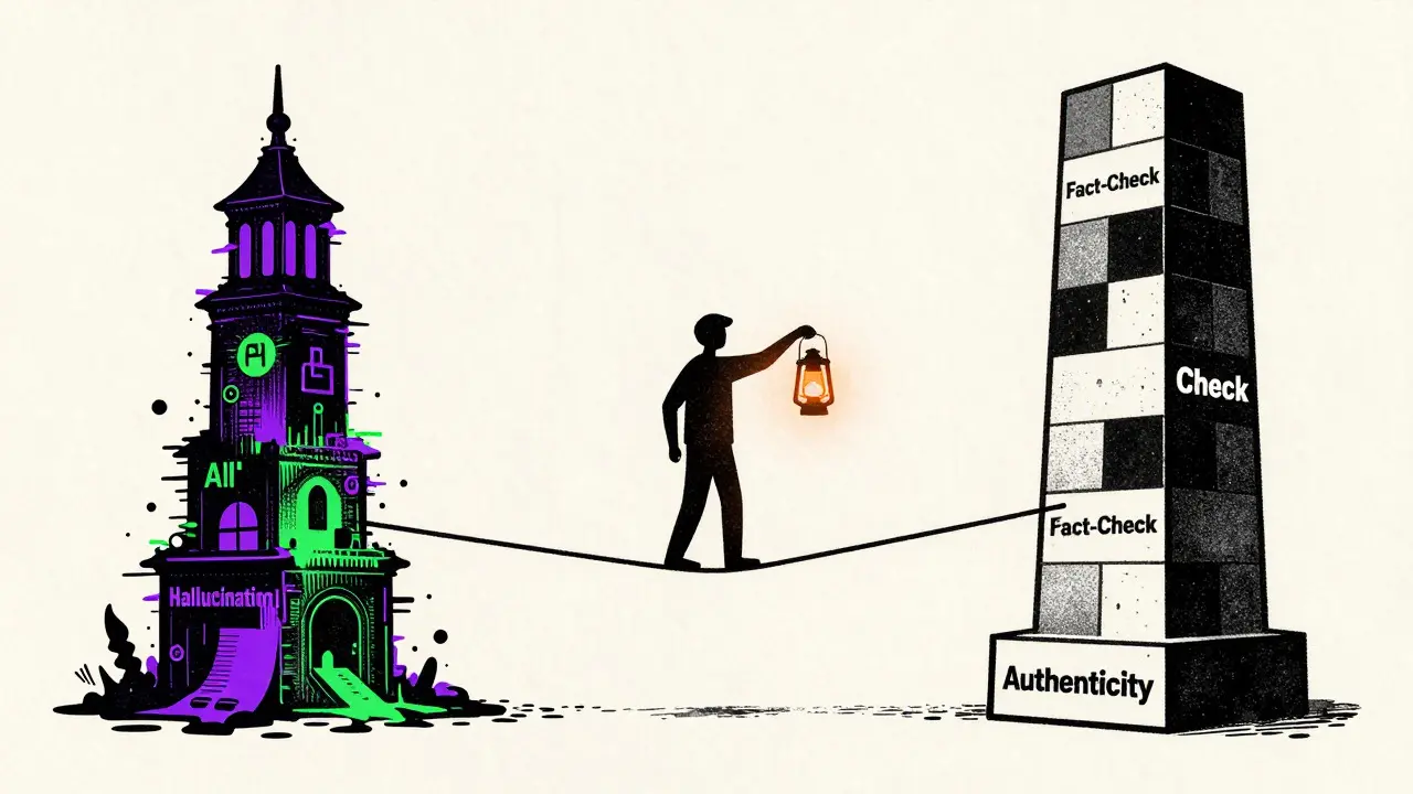 Illustration of an editor balancing trust and AI risks on a tightrope.