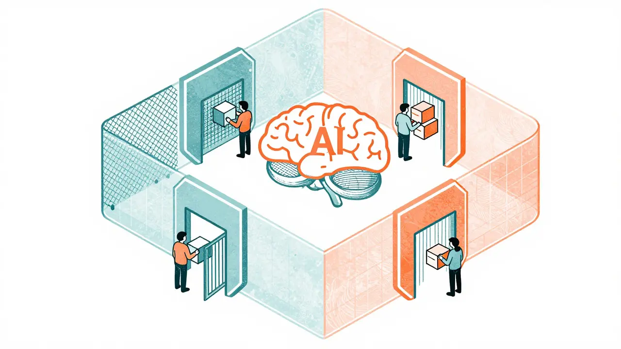 Isometric view of layered security shields protecting a central AI brain icon