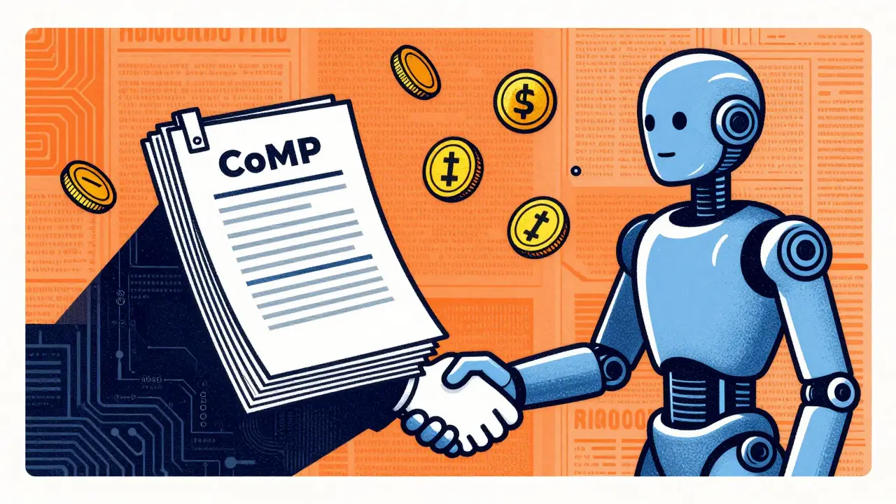 Publisher shaking hands with an AI bot over licensing agreements.