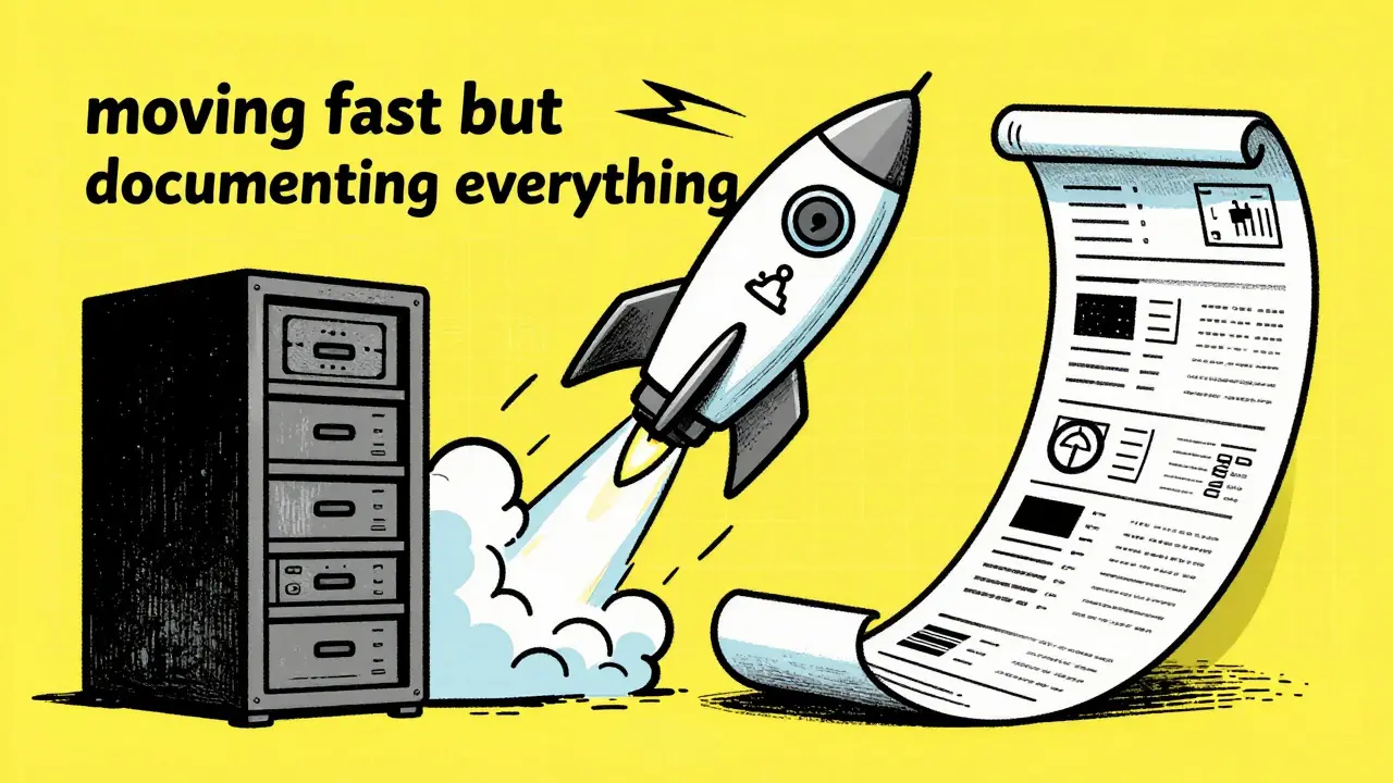 Risograph art of a rocket launching from servers with trailing documentation
