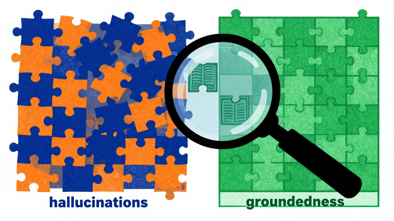 Risograph art showing AI fact-checking with puzzle pieces versus structured grids under a magnifying glass.