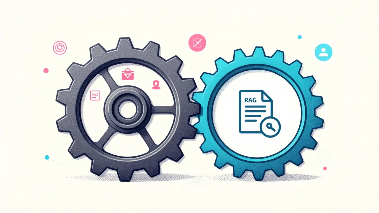 Risograph graphic showing two gears for fine-tuning and RAG working together synergistically.