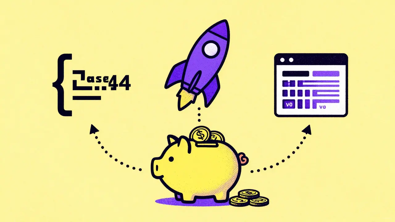Risograph illustration of 0 budget split across three AI dev tools