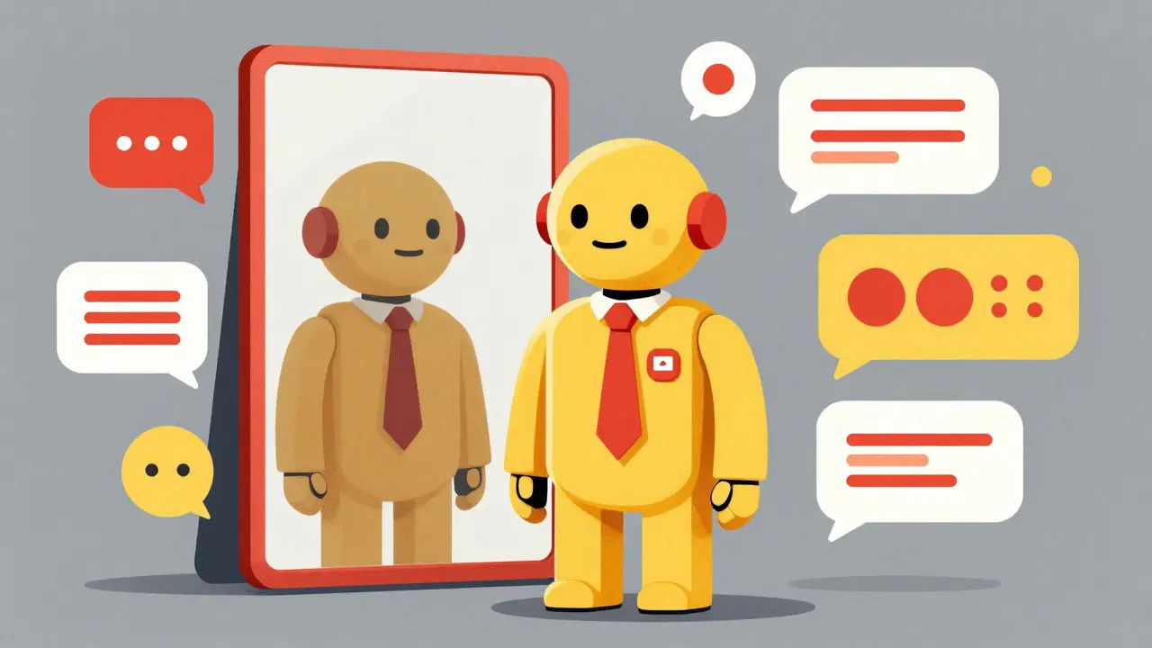 Risograph illustration of a robot checking its reflection to maintain consistent brand voice.