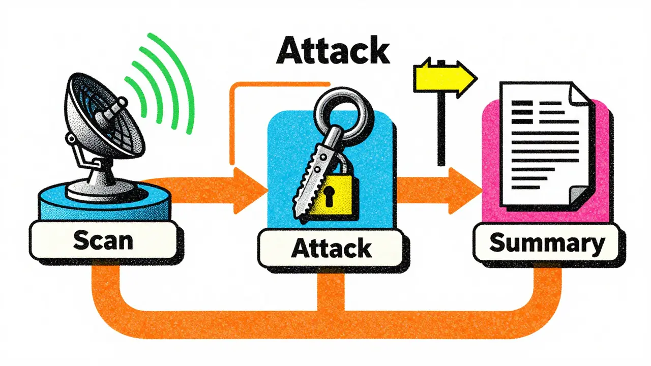Risograph style diagram of a cybersecurity agent pipeline with scan, attack, and summary stages.
