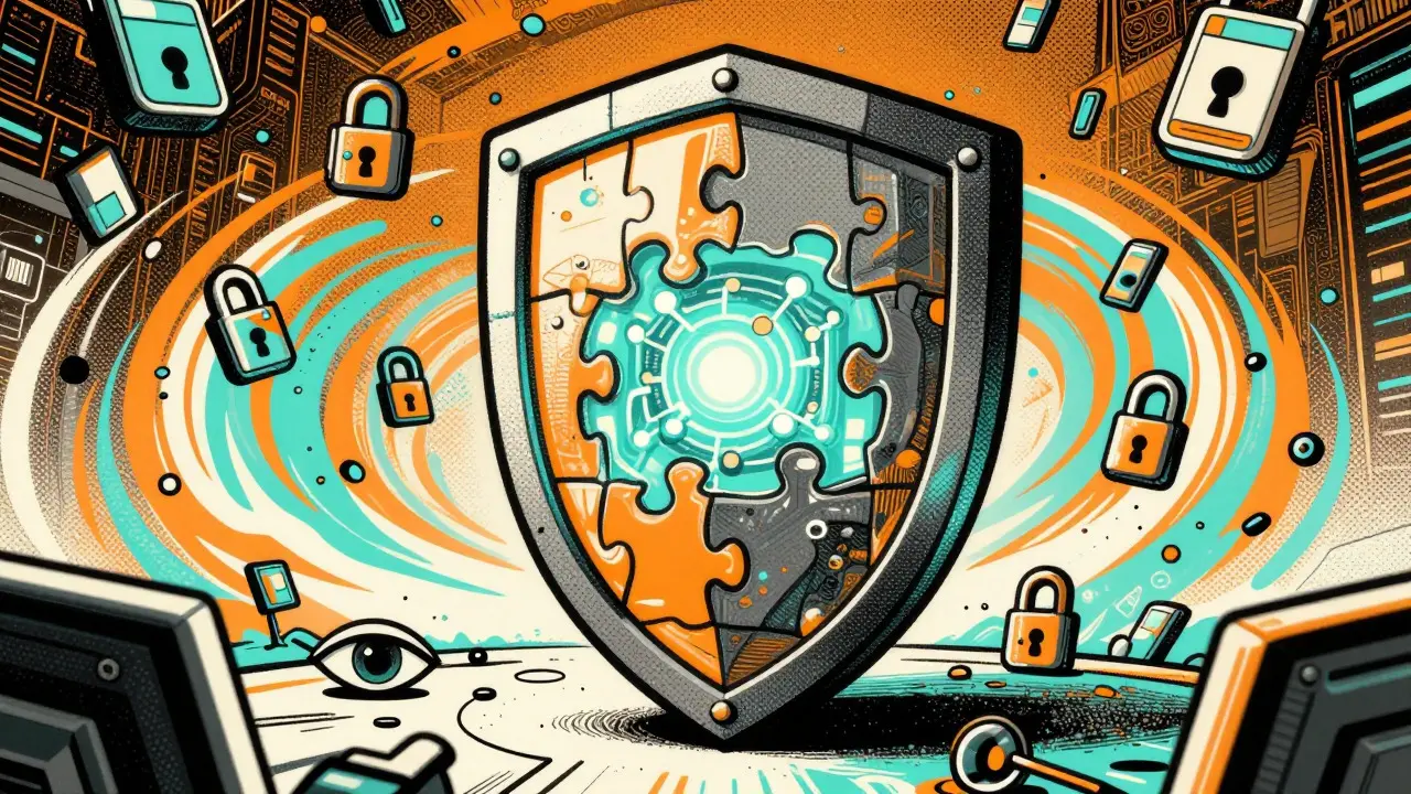 Risograph-style illustration of a protective shield guarding data nodes from chaos