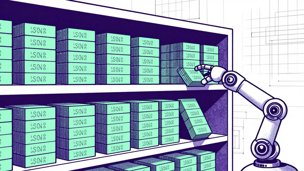 Robotic arm placing neat, colored blocks into a grid, symbolizing structured JSON data organization.